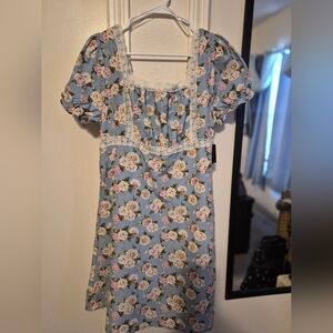Celebrity Pink Asymmetrical Dress with Blue and Pink Floral